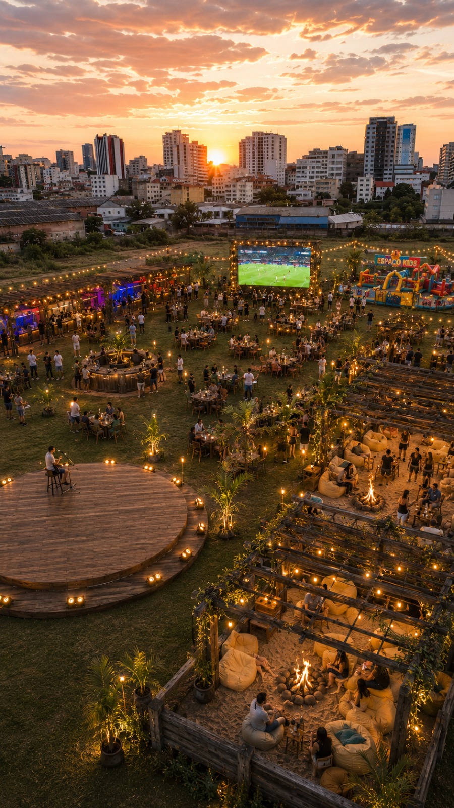 Visão aérea do festival com telão e Espaço Kids