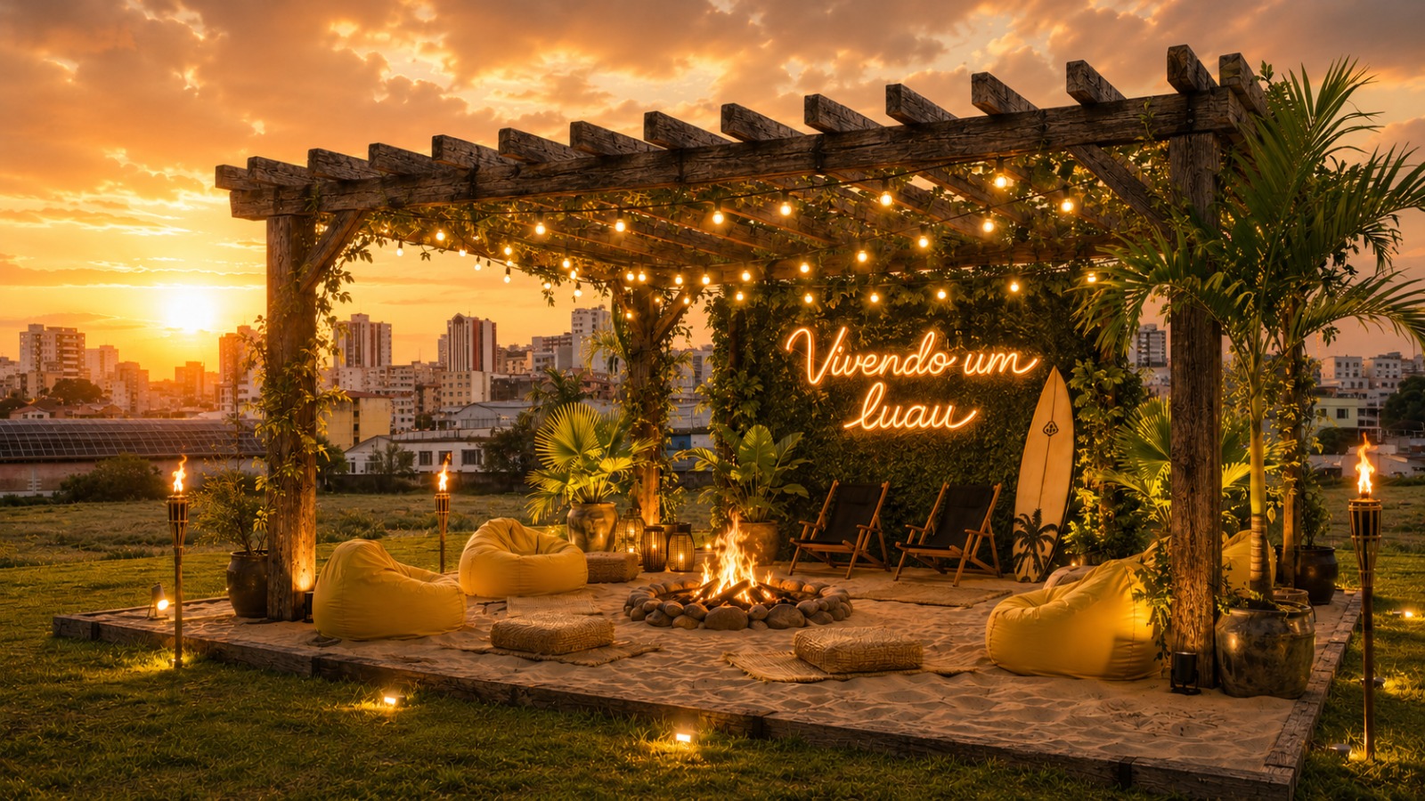Lounge luau com fogueira e pôr do sol